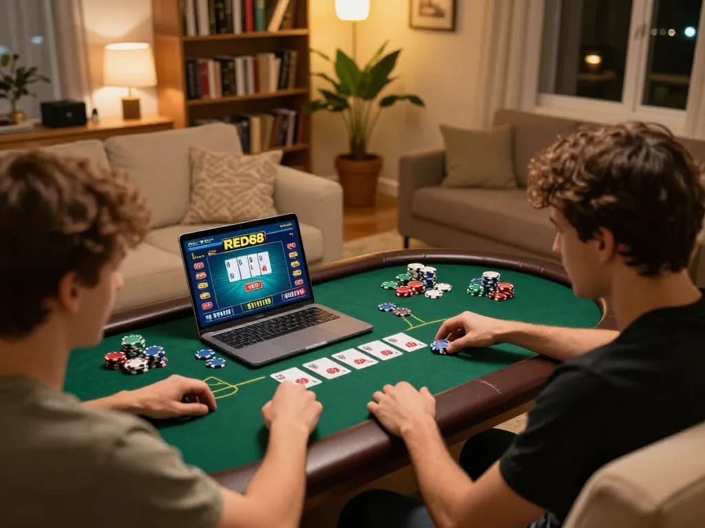 Engaging in a RED88 poker game online from a cozy living room, showcasing vibrant gaming activity.