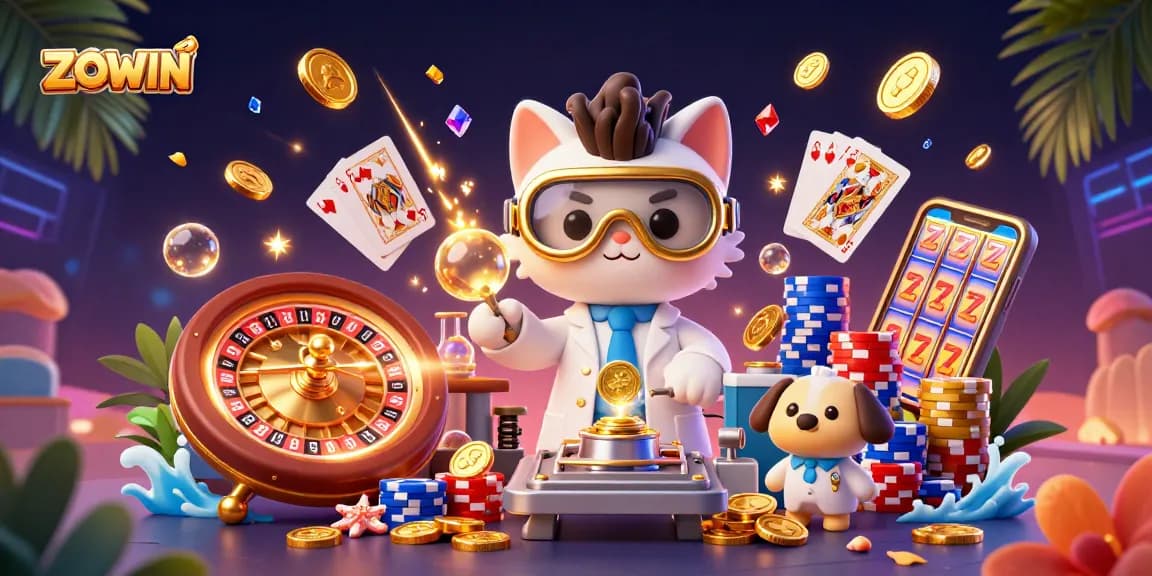 ZOWIN showcases a lively 3D illustration capturing the essence of casino excitement with golden coins spinning and vibrant scenes.