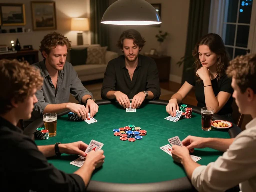 Witnessing strategic poker gameplay with friends at home with qq88pro-themed excitement.