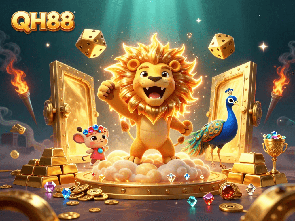 Experience QH88's vibrant casino scene with a roaring sun lion and sparkling treasures.