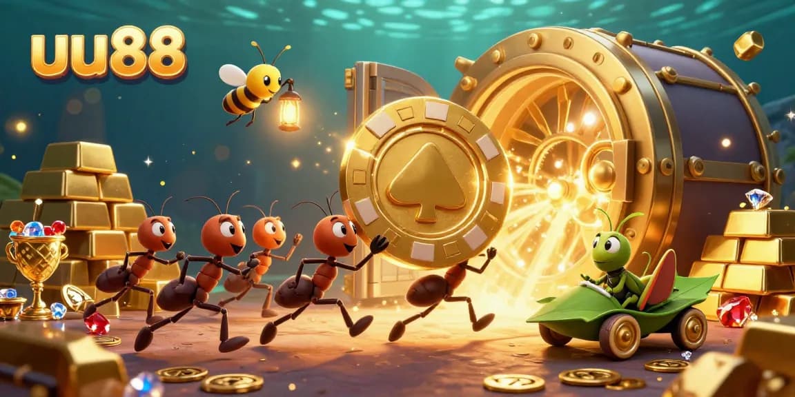 Experience thrilling gameplay at uu88 with ants heisting golden poker chips in a vibrant treasure scene.