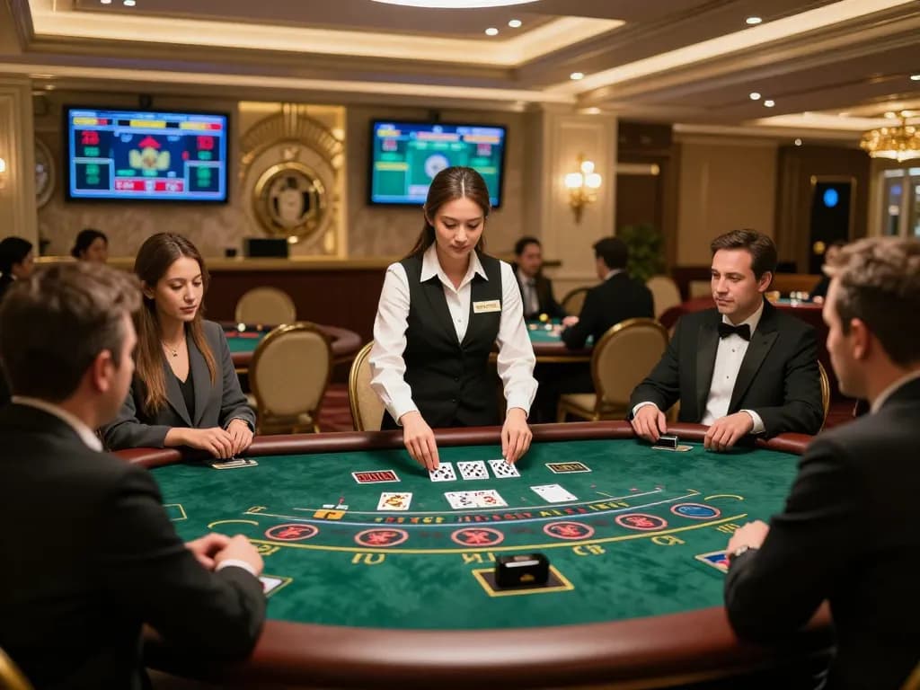 Players engaging in a live dealer game at https://www.atqvn.com/, highlighting interaction with the croupier and sophisticated atmosphere.