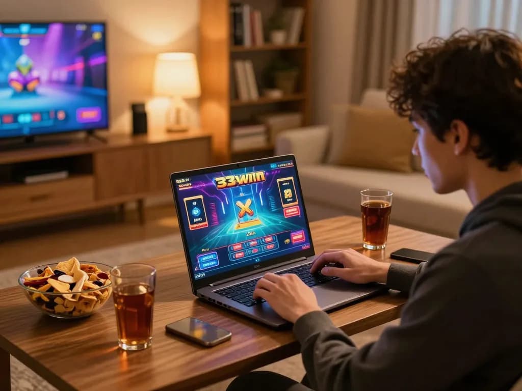 Engaging in 33win gaming with a laptop, showcasing lively graphics and a cozy atmosphere