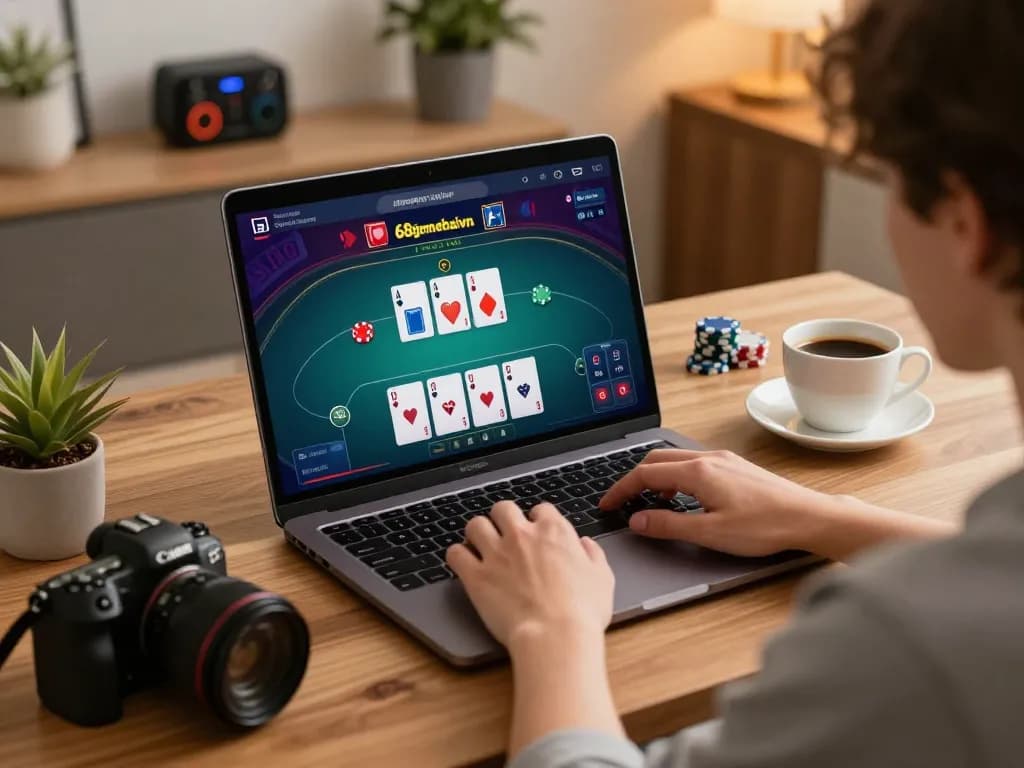 Player engaging with the 68gamebaivn platform on a cozy laptop setup, enjoying online poker.