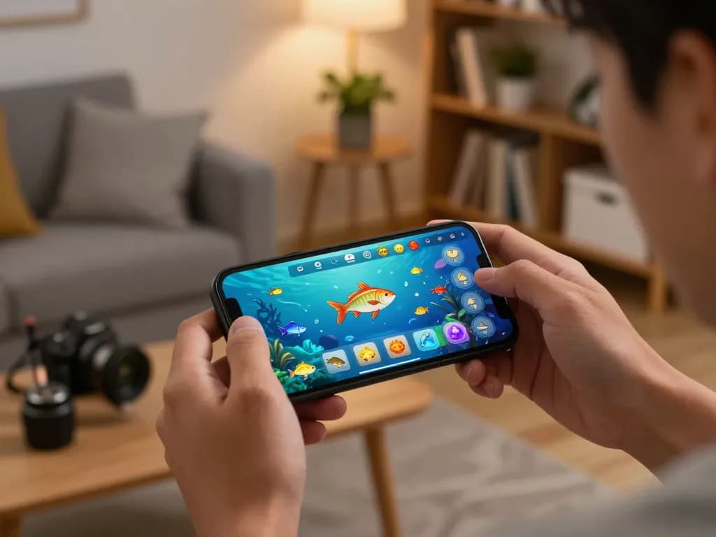 Bắn cá đổi thưởng gameplay showing player engaged on mobile device in a lively setting.