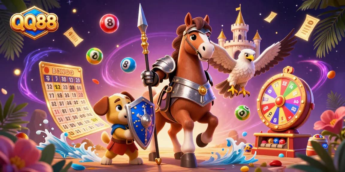 Engage with QQ88 through a dynamic 3D illustration featuring vibrant lottery elements and casino excitement.