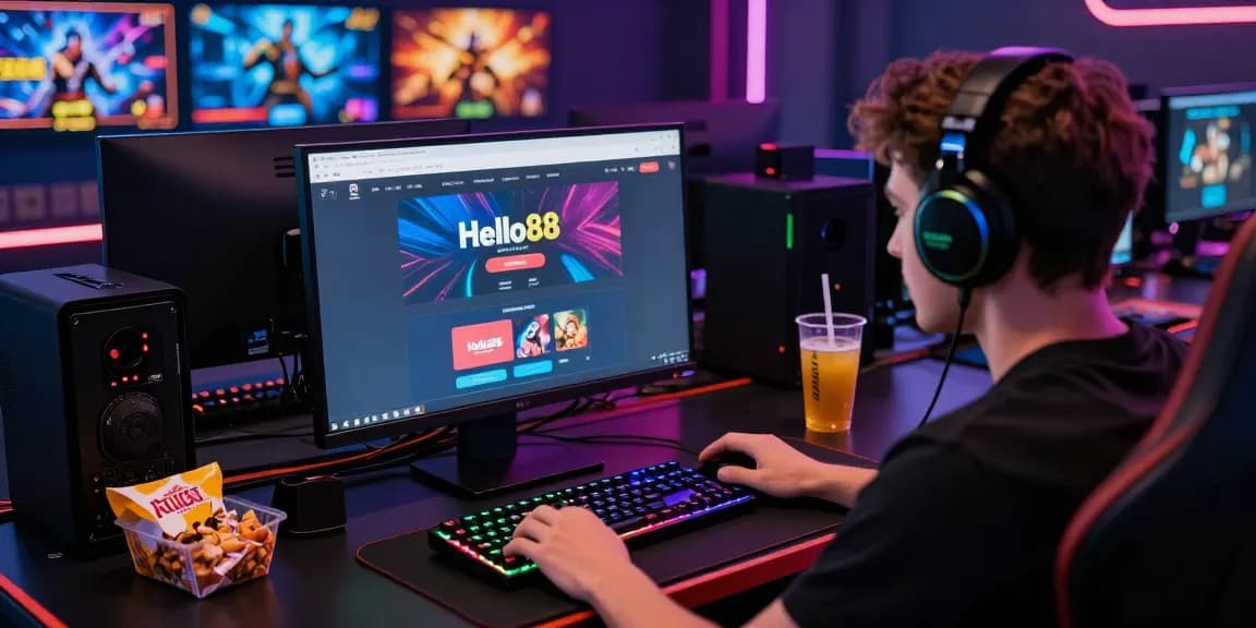 Exciting gaming experience at Hello88, showcasing online gambling setup with vibrant interface and peripherals.