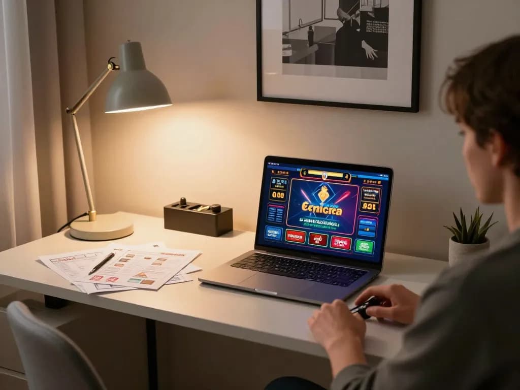 Person engaging with online gambling at home, featuring BL555 interface on laptop, warm and inviting atmosphere.