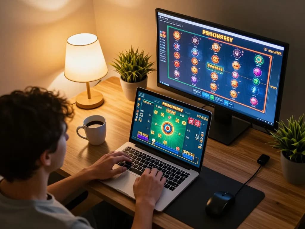 Engaged player strategies with 92slot on laptop, showcasing focused gambling experience.