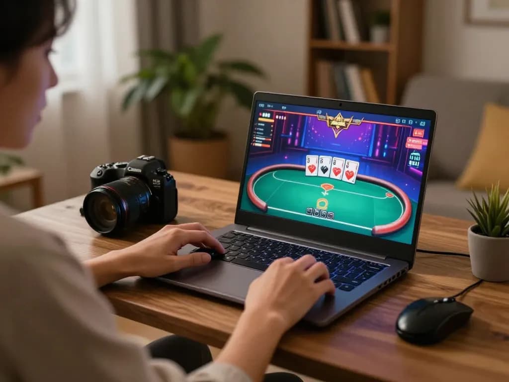 Player engaging in online poker on 88club, showcasing strategic gameplay in a cozy home environment.