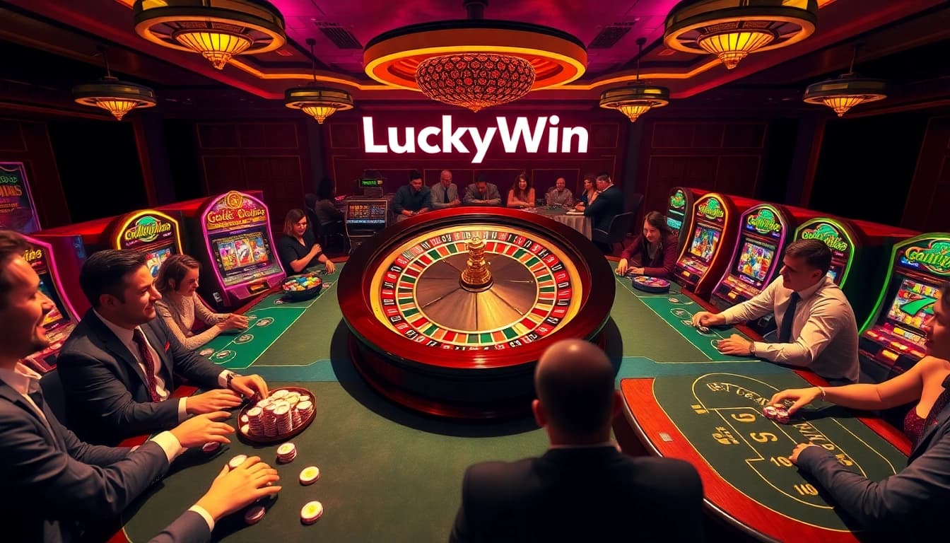 Experience thrilling gameplay at LuckyWin Casino with excited players at tables and vibrant slot machines.