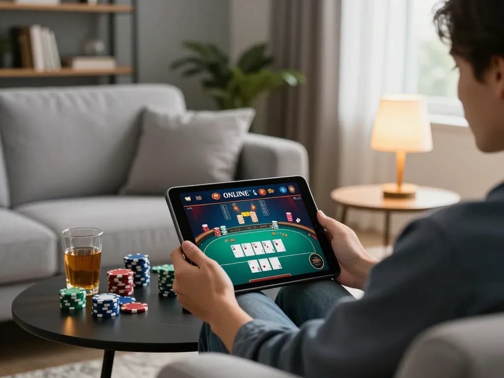 Engaging poker gameplay on 89bet com tablet in a cozy living room setting.
