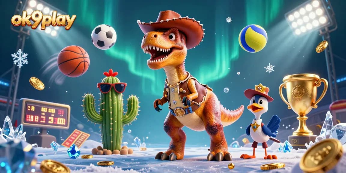 Engage in thrilling betting experiences with ok9play featuring a T-Rex cowboy and sports elements.