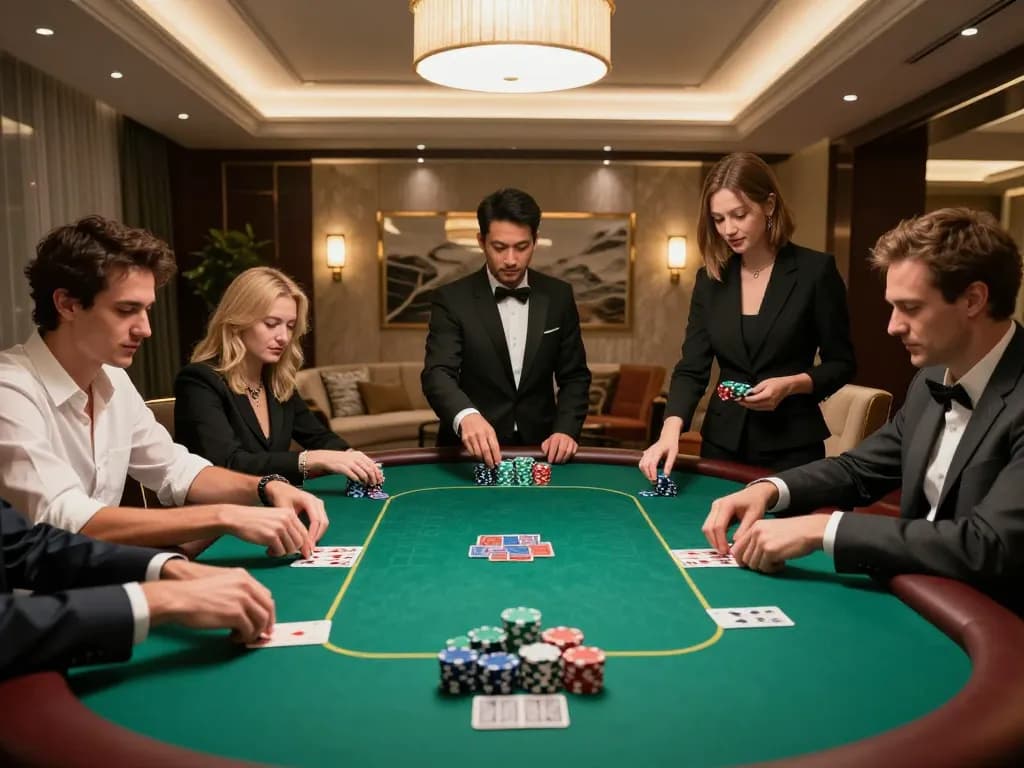 Players strategizing at QQ 88 poker table in an elegant private room.