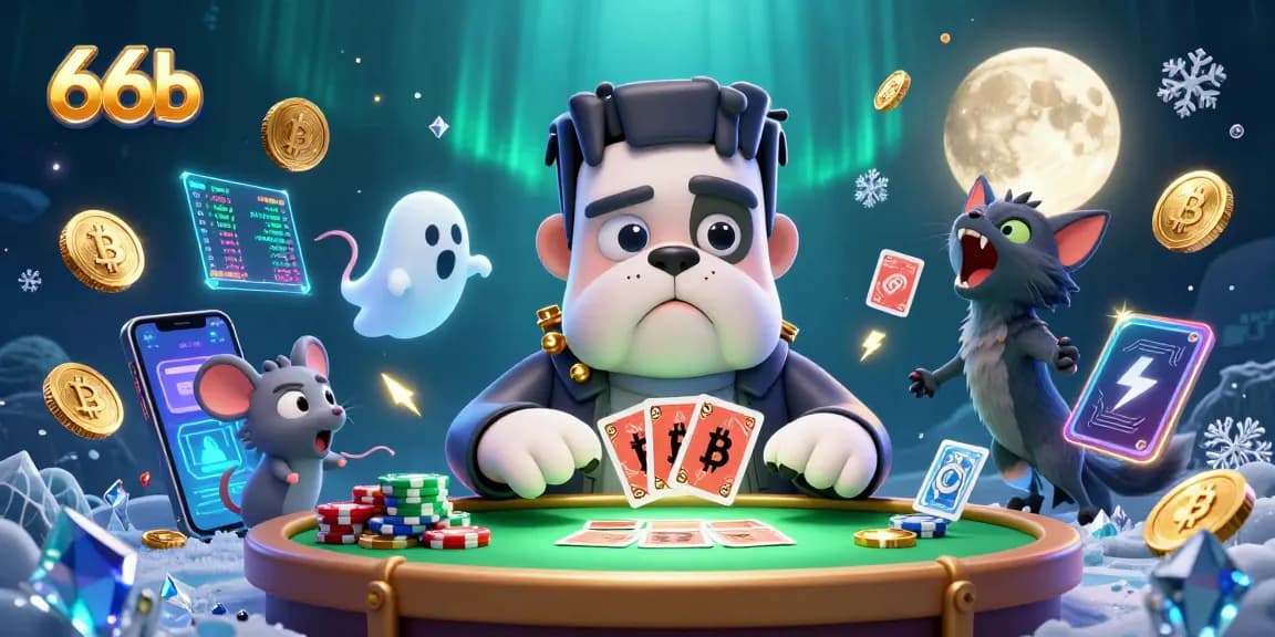 Engage with 66b's thrilling casino scene featuring a Frankenstein bulldog dealing cards amidst Bitcoin and Ethereum elements.