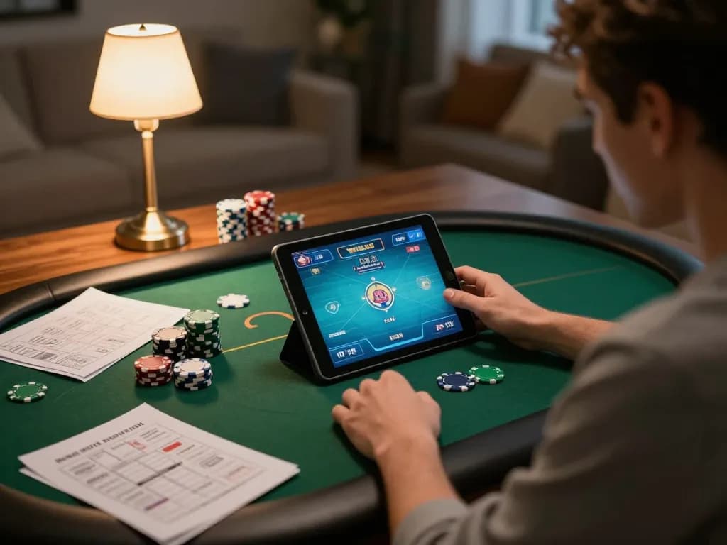 Player engaged in an exciting online poker game with fly88 on a tablet, chips and notes scattered around.