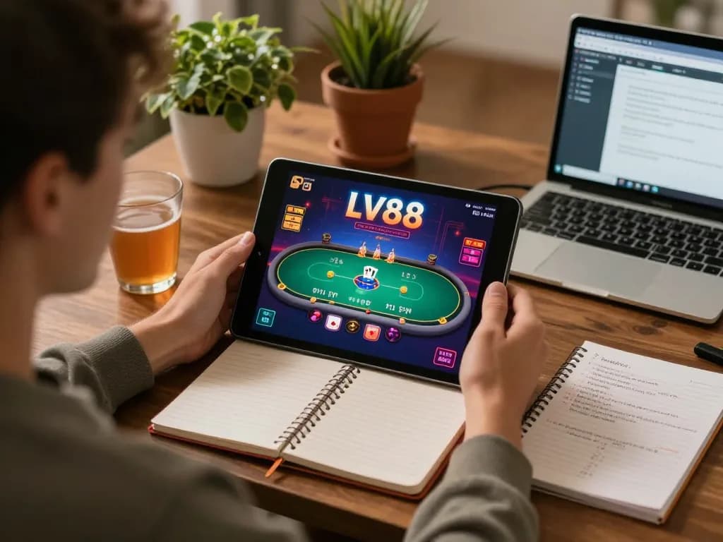Player enjoying casino games on LV88 platform in a cozy home setting, showcasing responsible gaming strategies.