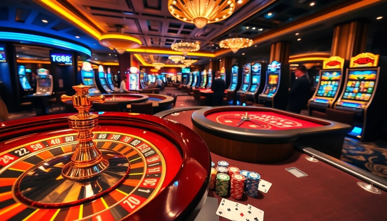 Experience thrilling action at Nhà cái TG88 with vibrant casino games, including roulette and poker tables.