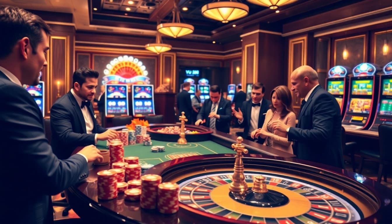 Engaging casino atmosphere featuring vibrant gaming elements from vu88.com, showcasing poker chips, roulette, and slot machines.