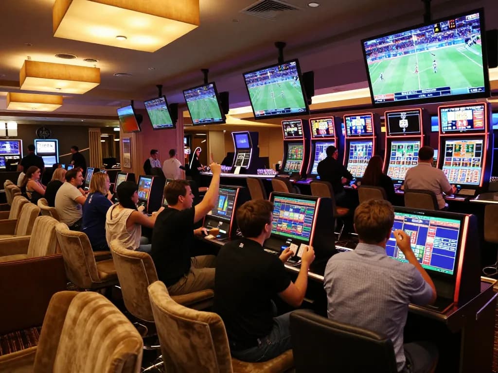 Engaging patrons at a sports betting lounge, showcasing transporthydraulics odds and excitement in a luxury casino setting