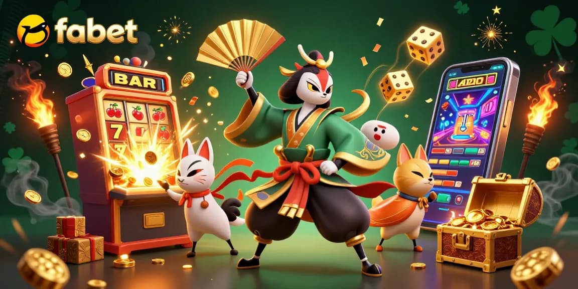 Spin the fabet jackpot with a vibrant 3D scene packed with characters and casino elements.