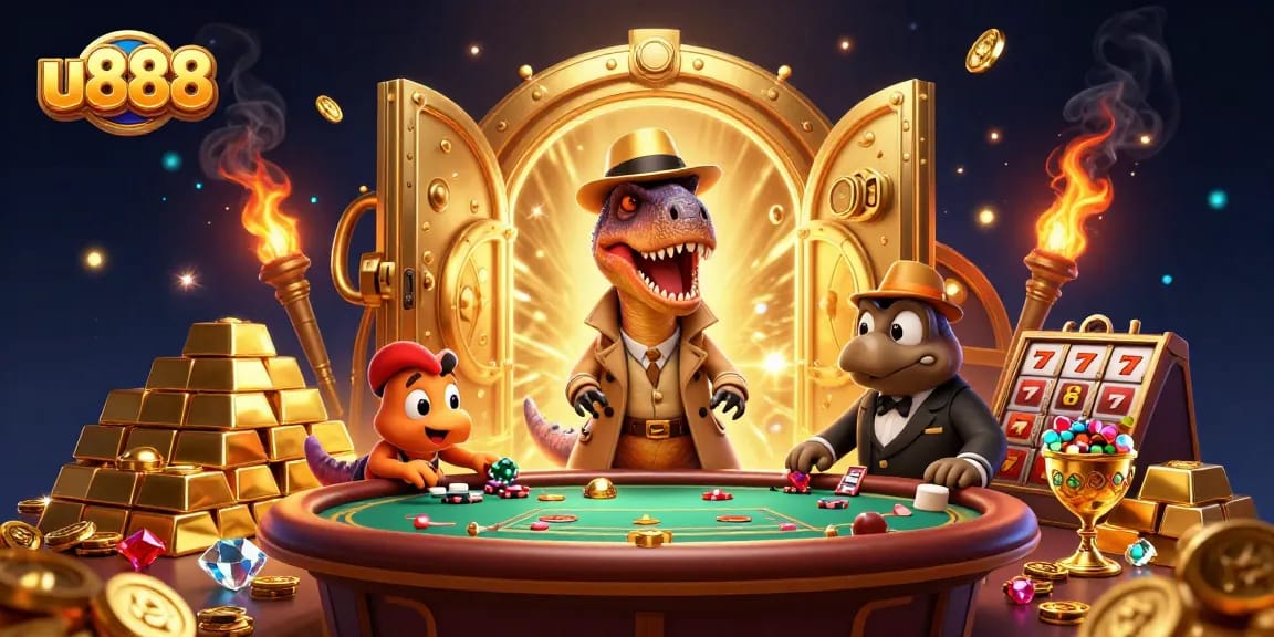 Experience the thrill of u888 with cartoon dinosaurs at a blackjack table, surrounded by treasures.