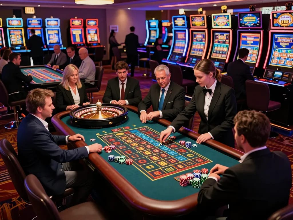 Engaged players placing strategic bets at the lively Zowin roulette table in a vibrant casino atmosphere.