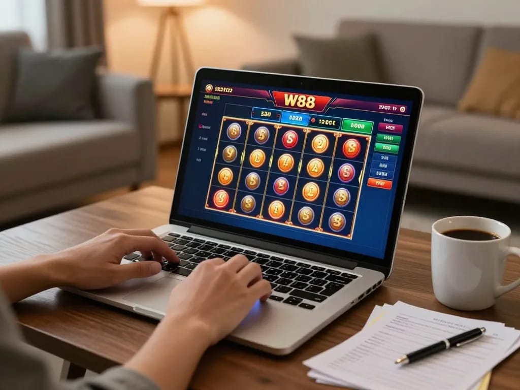 Playing W88 slots online on a stylish laptop in a cozy living room.