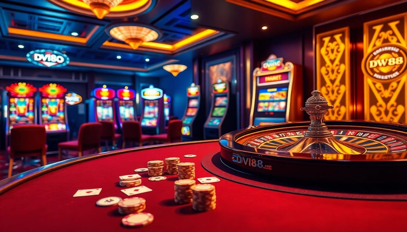Experience the excitement of online gambling at dv88.com with vibrant casino visuals of poker and roulette.