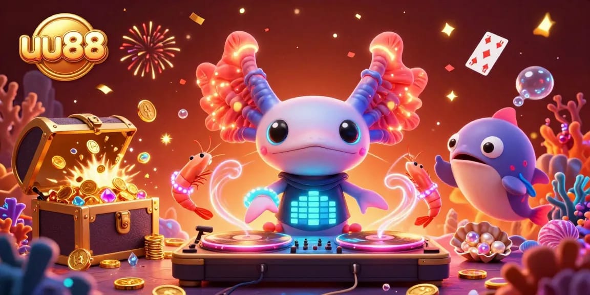 Experience thrills with uu88 as the neon axolotl DJ spins in a vibrant underwater casino.