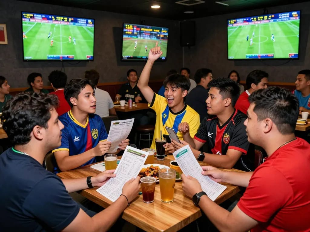 Exciting kèo bóng đá scene in a packed sports bar with friends enjoying live matches.