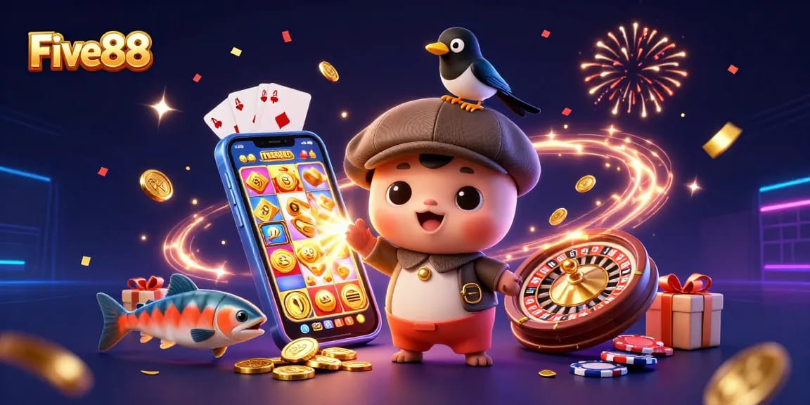Engage with Five88's colorful slot games in this ultra-detailed illustrated scene featuring playful characters.