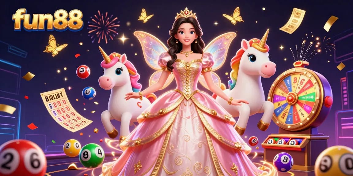 Experience fun88 with an exciting 3D casino scene featuring dynamic lottery games and a glamorous character.