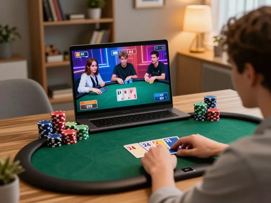 Engaging online poker strategy session on fabet88z with focused gamer at cozy home office