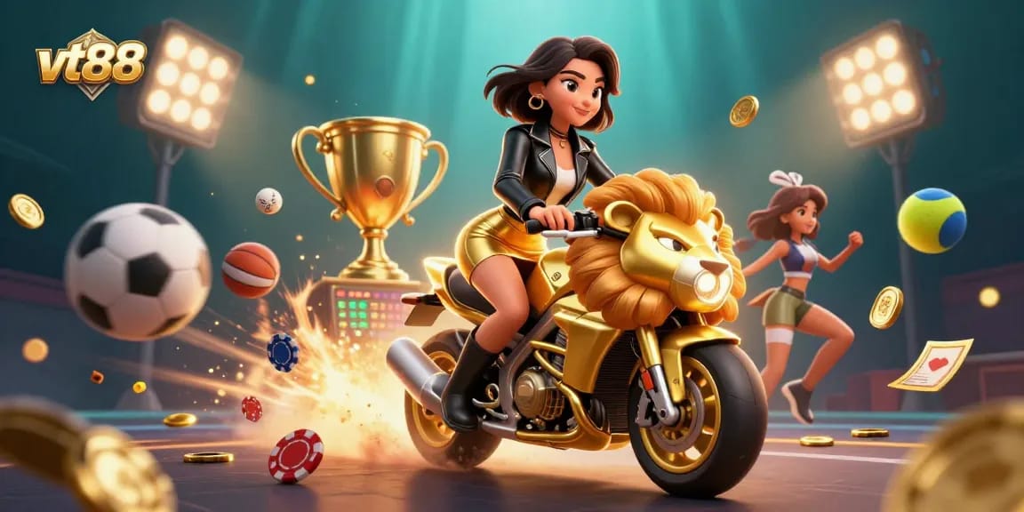 Experience thrilling wins at vt88 with a glamorous Asian woman riding a golden lion surrounded by dynamic sports betting elements.