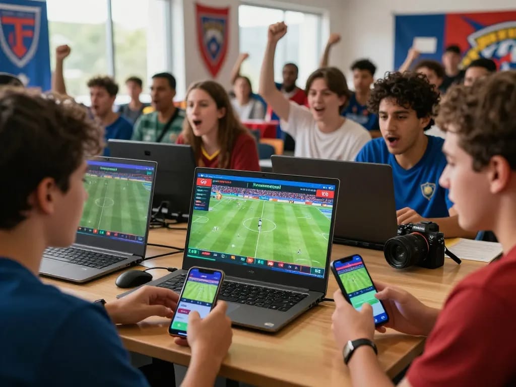 Excited fans using Nowgoal for live football betting on multiple devices in a vibrant sports atmosphere.