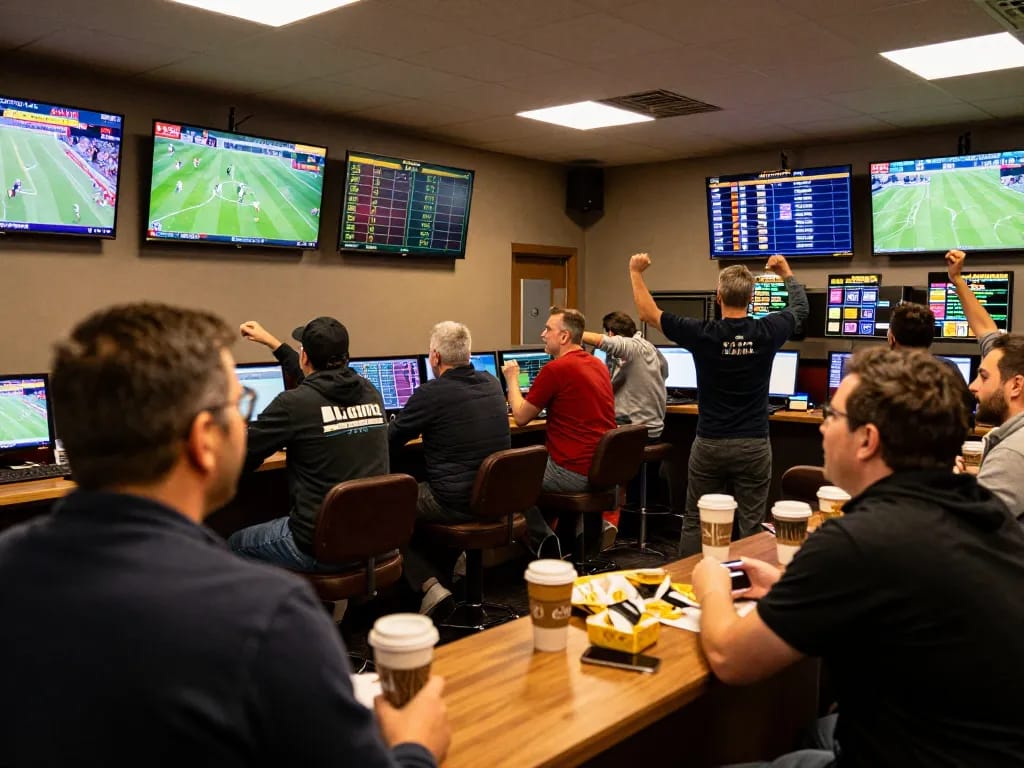 Bsport sports bettors engaging in exciting wagers at a lively betting shop.