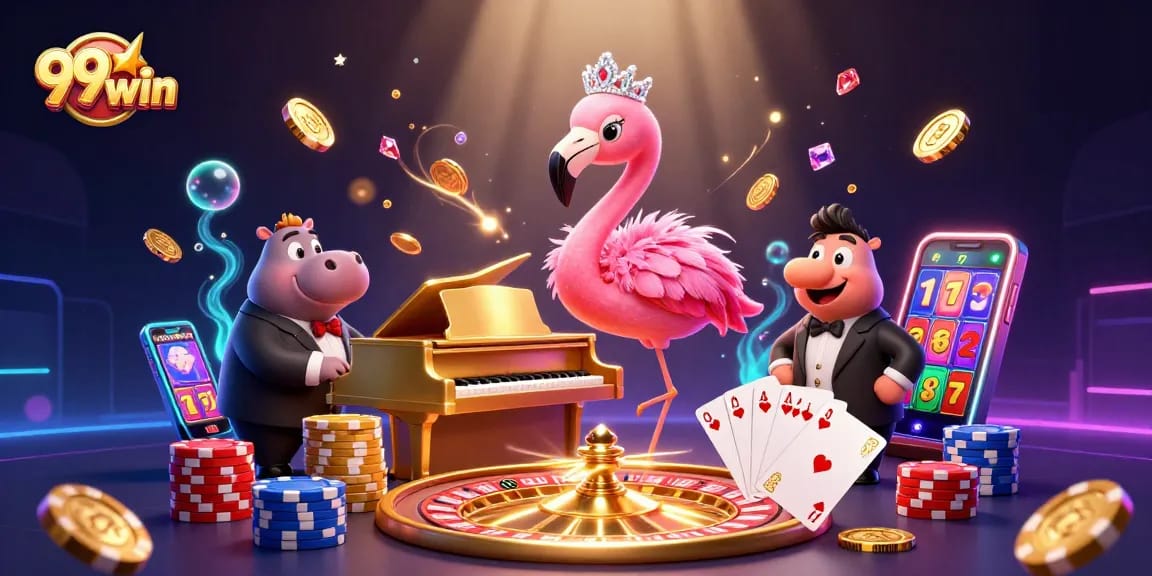 Join the excitement at 99win with a lively scene showcasing vibrant casino characters and game elements.