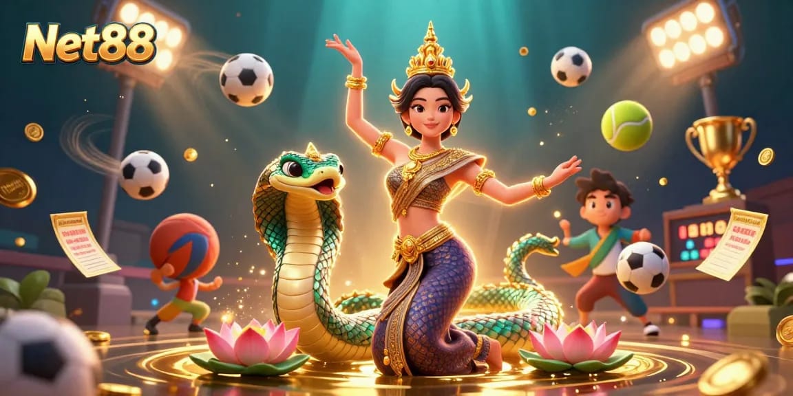 Bet on excitement with Net88 in a vibrant 3D casino scene featuring sports balls and trophies.