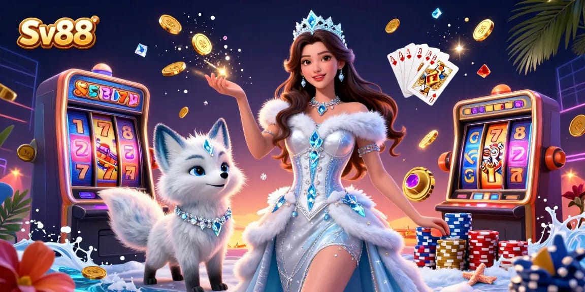 Experience thrilling gameplay with Sv88 in vibrant 3D casino setting featuring slots, chips, and golden lights.