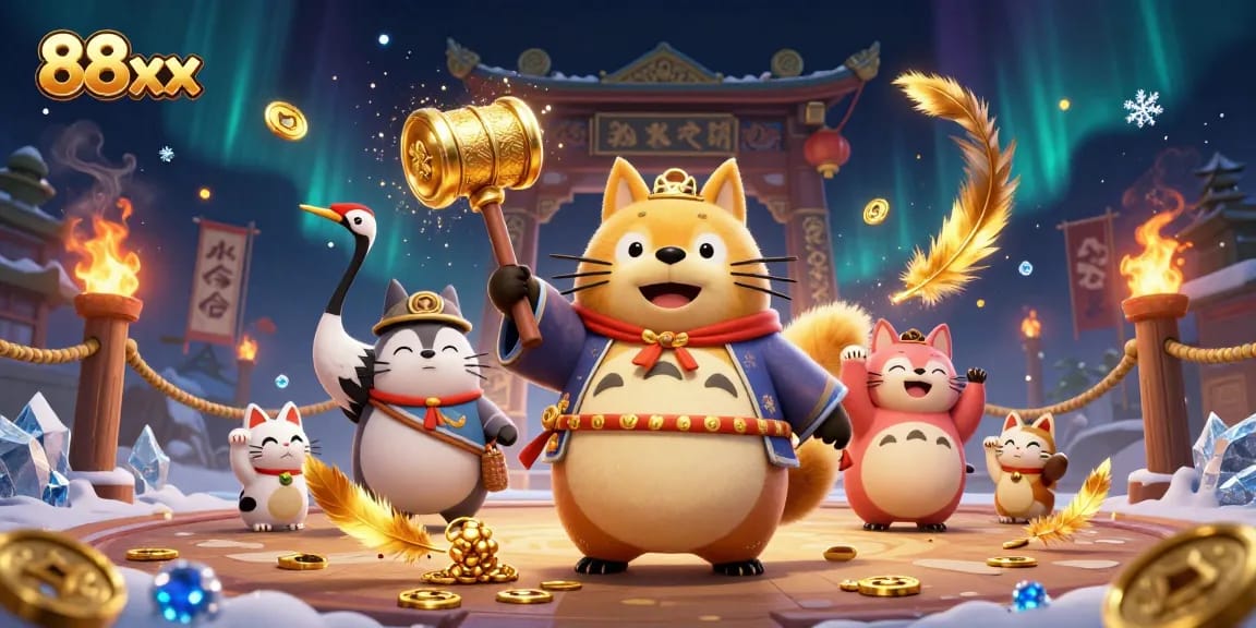 Engage with 88xx's vibrant casino scene featuring cheerful characters and interactive gaming elements.