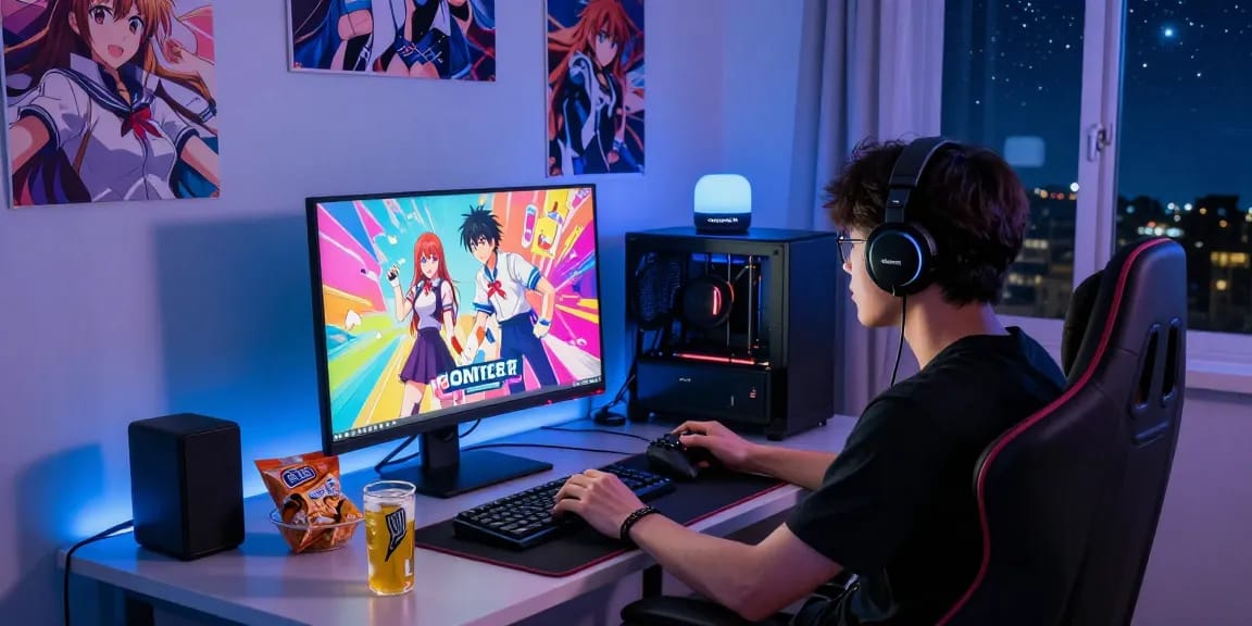 Engaged gamer playing ecchi games online in a cozy bedroom setup with vibrant lighting.