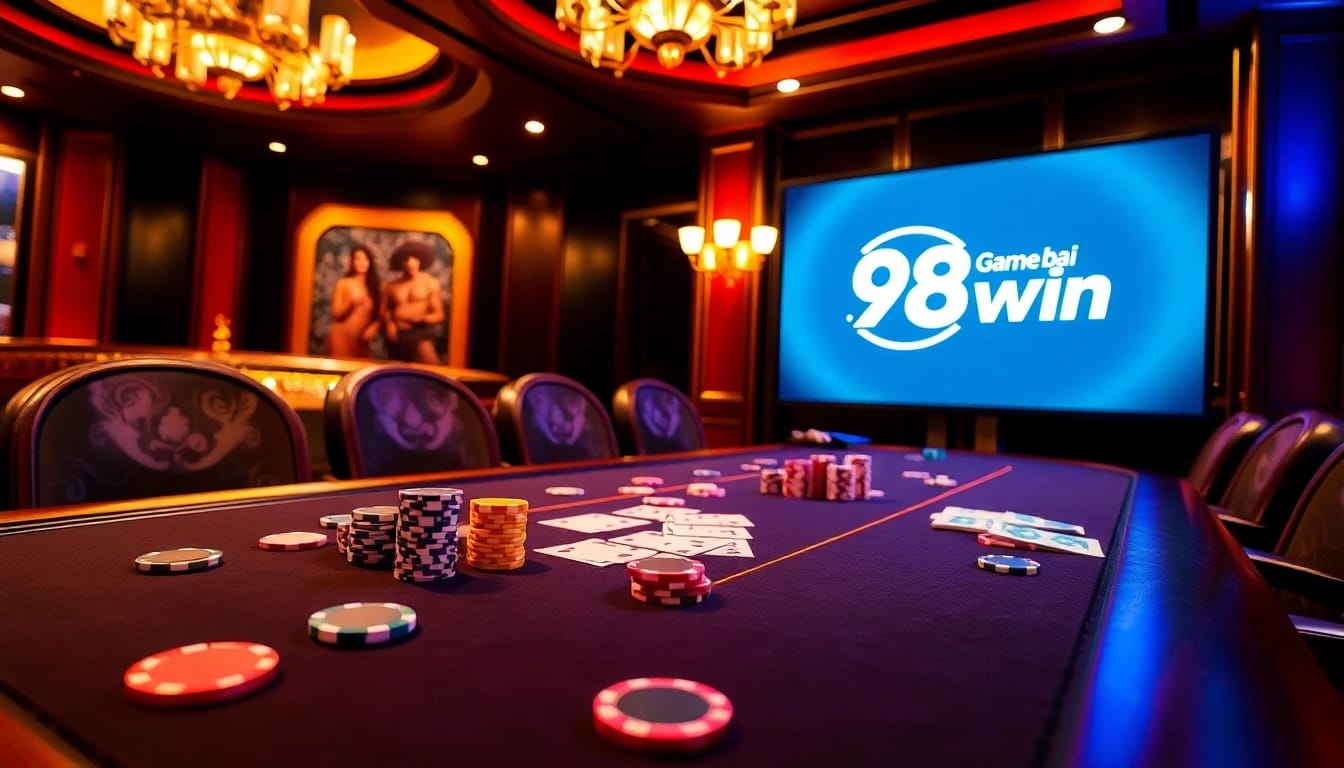 Experience Game bài 98win at a luxurious casino setting featuring vibrant poker game elements.