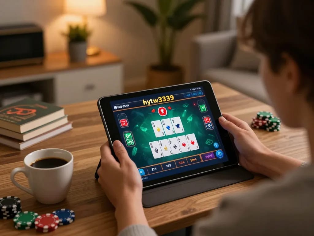 Engaged in strategic gameplay on hytw3339 com, a player enjoys a cozy home gaming experience with poker on tablet.