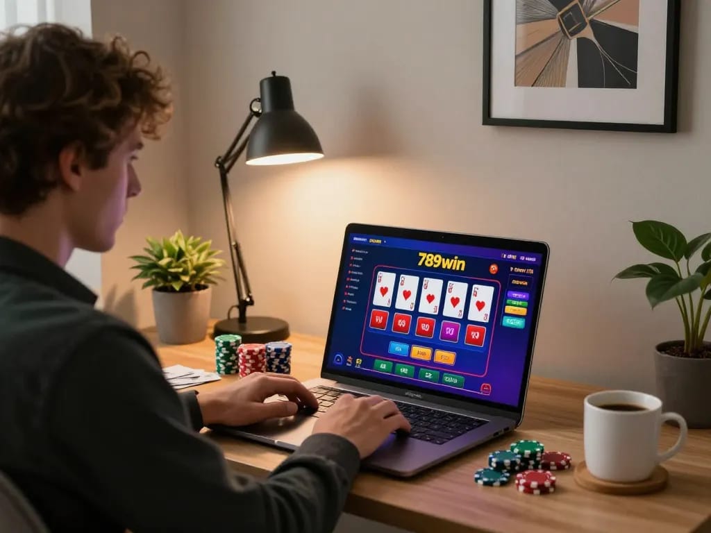 Engaging in a thrilling 789 win online casino game from a stylish home office setup with vibrant visuals.