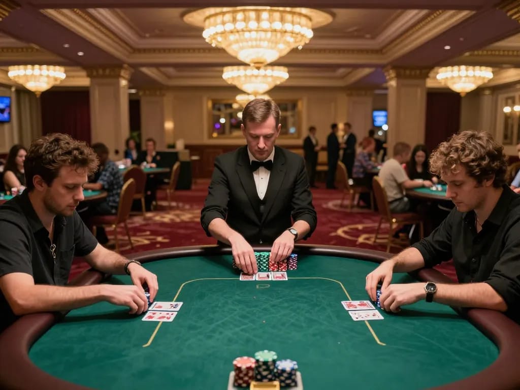 Players engaging in an intense poker game at mb66 casino, surrounded by luxurious decor and vibrant atmosphere.