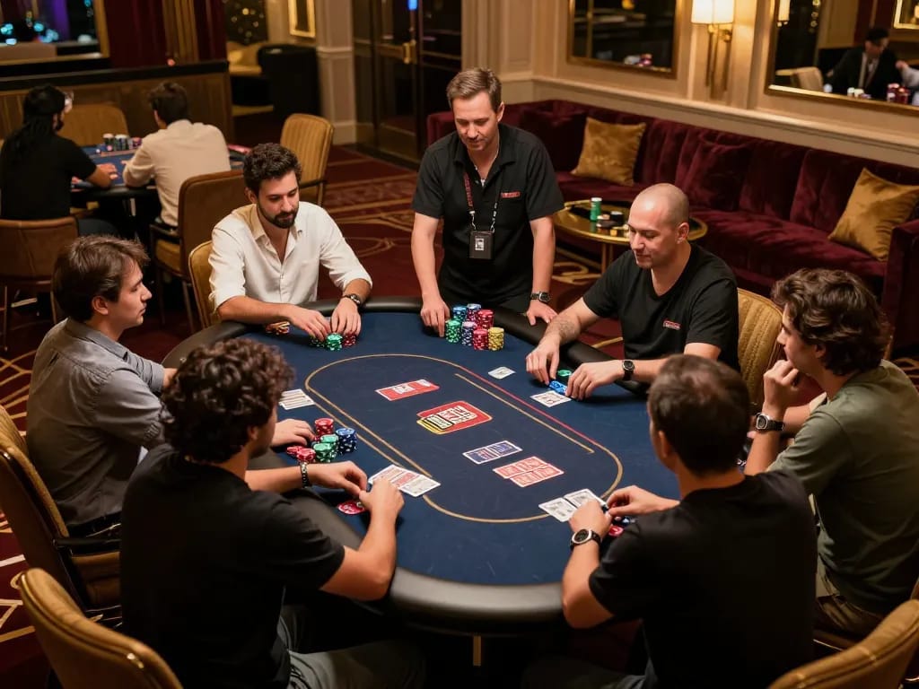 Players enjoying tense moments of strategy at gamebaidoithuong8 poker table in a luxurious casino.