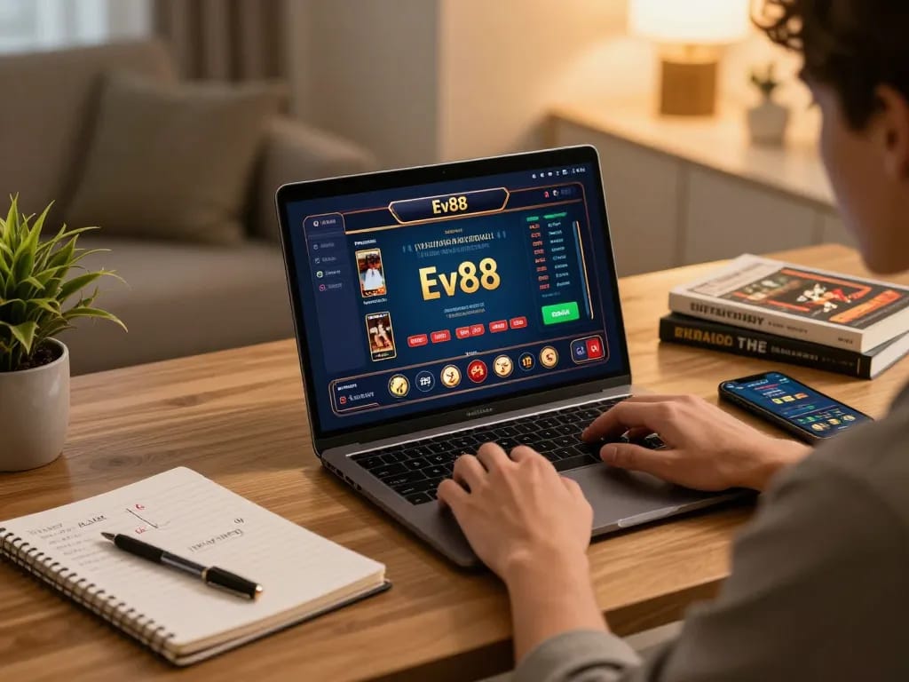 Engaging in Ev88 gaming strategy at home with a laptop and notebook.