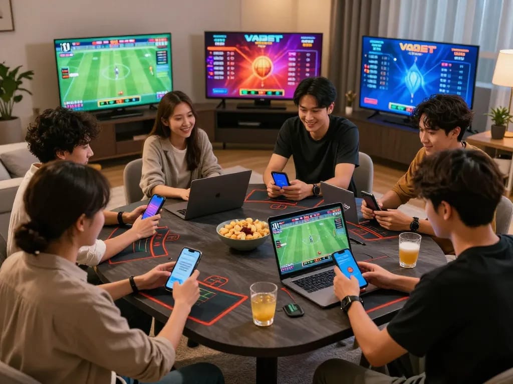 Friends enjoying live online betting on VAOBET, surrounded by screens displaying sports odds.