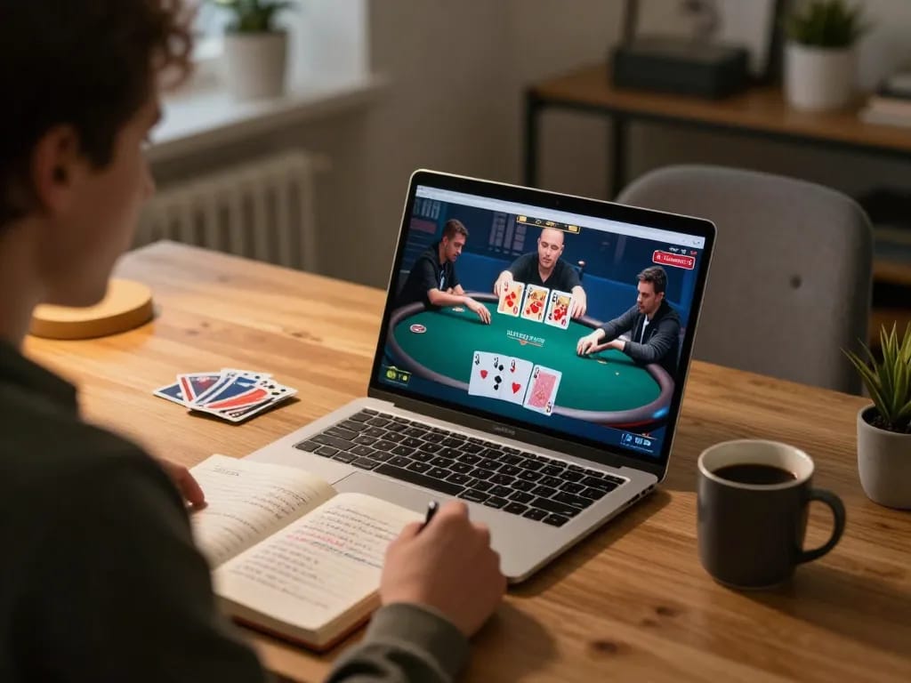 Engaging in a strategic online poker game with xo888 at home, showing laptop screen and betting notes.